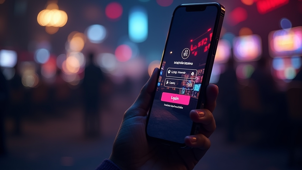 Logowanie do Energy Casino na telefonie w ciemnej, neonowej scenerii